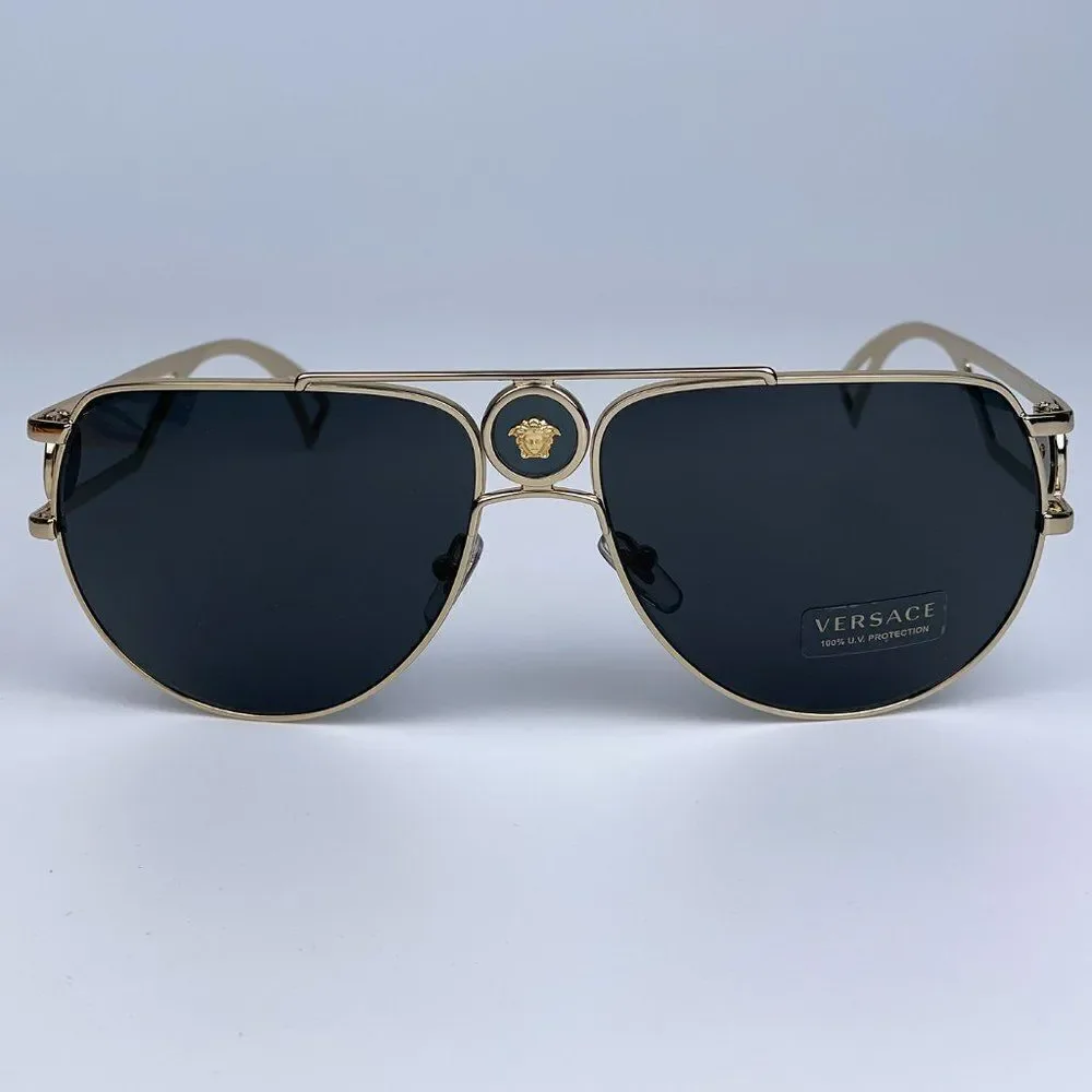 NEW Versace VE2225 MEDUSA PILOT 100287 Gold Gray Aviator Metal Unisex Sunglasses
